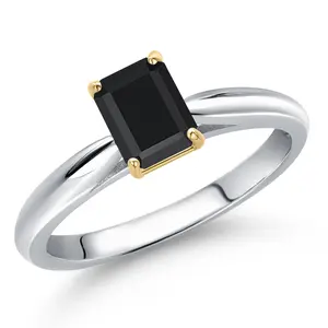 925 Silver and 10K Yellow Gold Black Onyx Engagement Ring For Women | 0.56 Cttw | Octagon 6X4MM | Gemstone December Birthstone