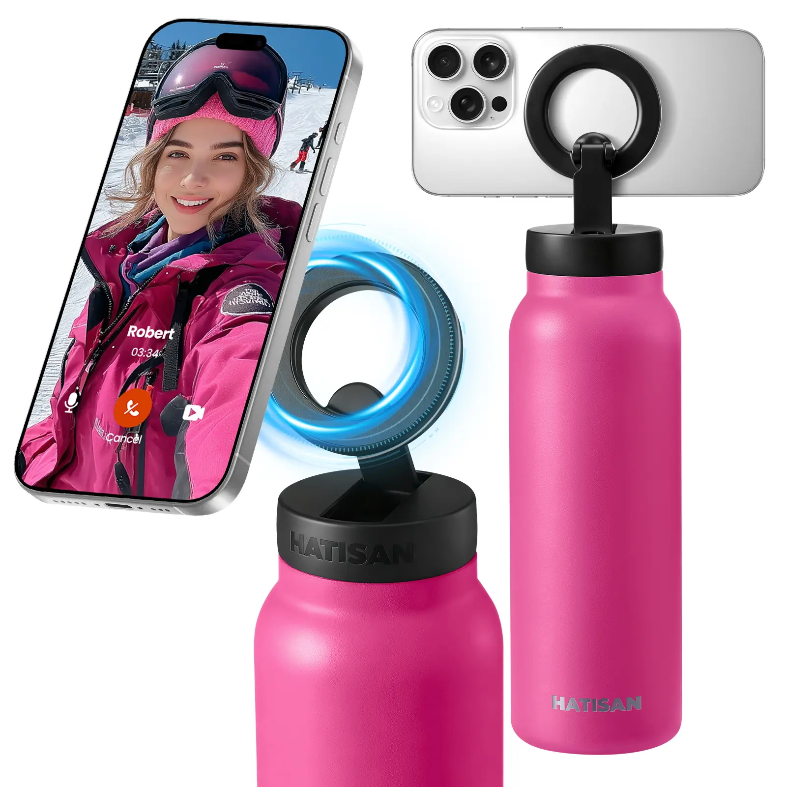 Insulated Stainless Steel Water Bottle Tumbler Flask - Portable Magnetic Phone Mount, 24oz Black, 12Hrs Hot/24Hrs Cold Hydration for Workouts & On-The-Go Navigation
