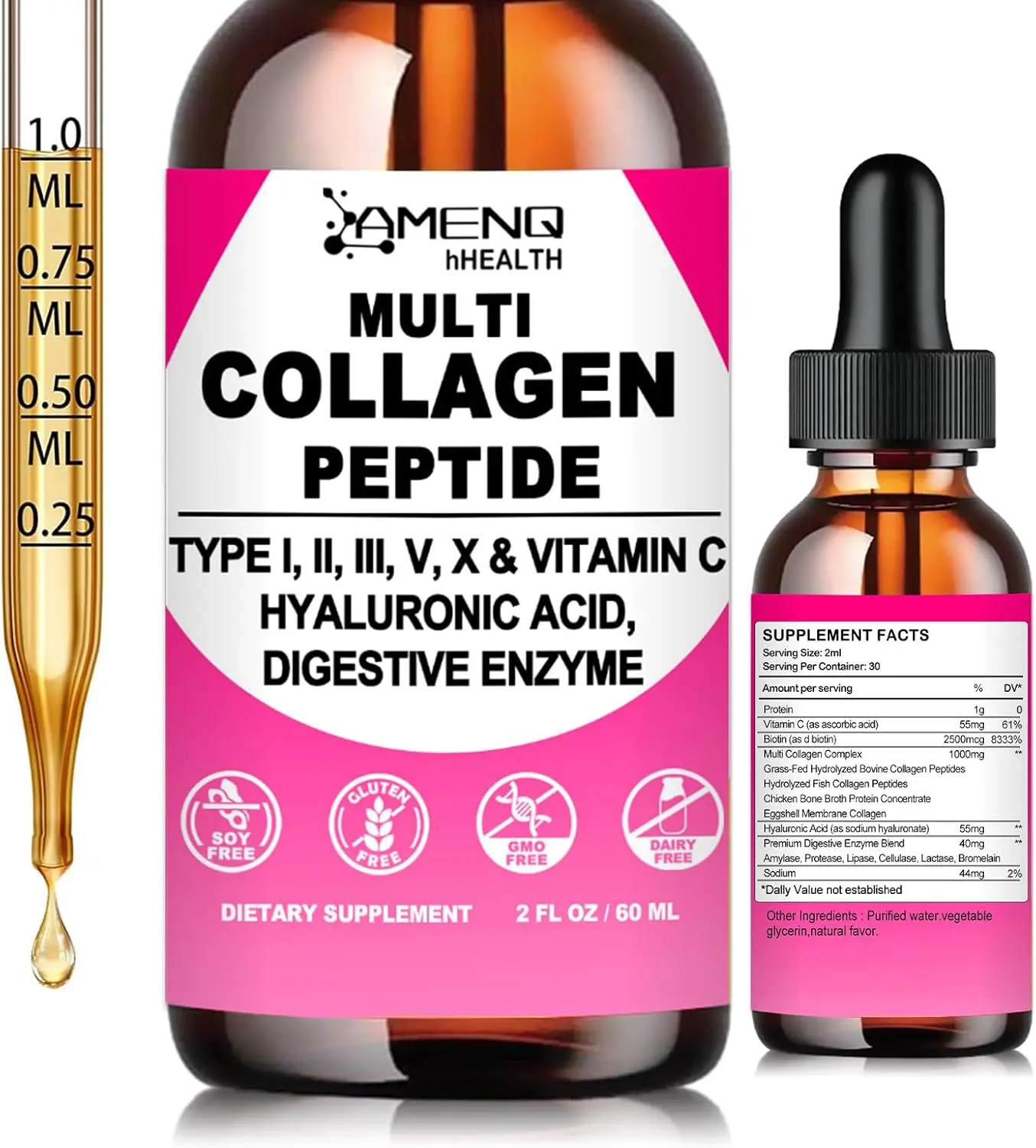 Liquid Collagen for Women & Men, Hydrolyzed Multi Collagen Peptides Drops | Types I, II, III, V & X Collagen Protein Complex, 2 Fluid Ounces