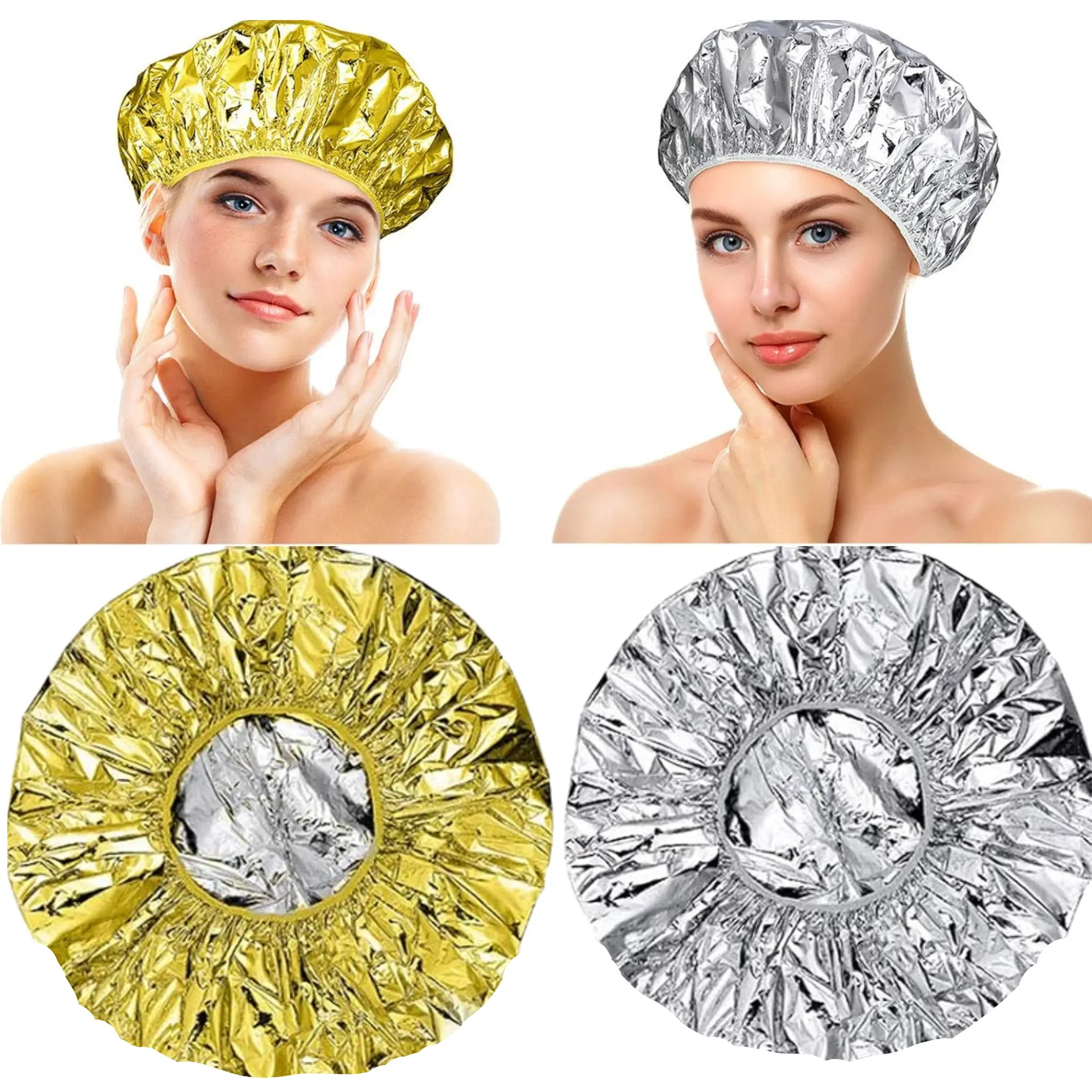 TiendaStore Reusable Hair Processing Caps - Golden & Silvery Aluminum Foil Caps for Deep Conditioning, Coloring & Shower Use - 2 Pack