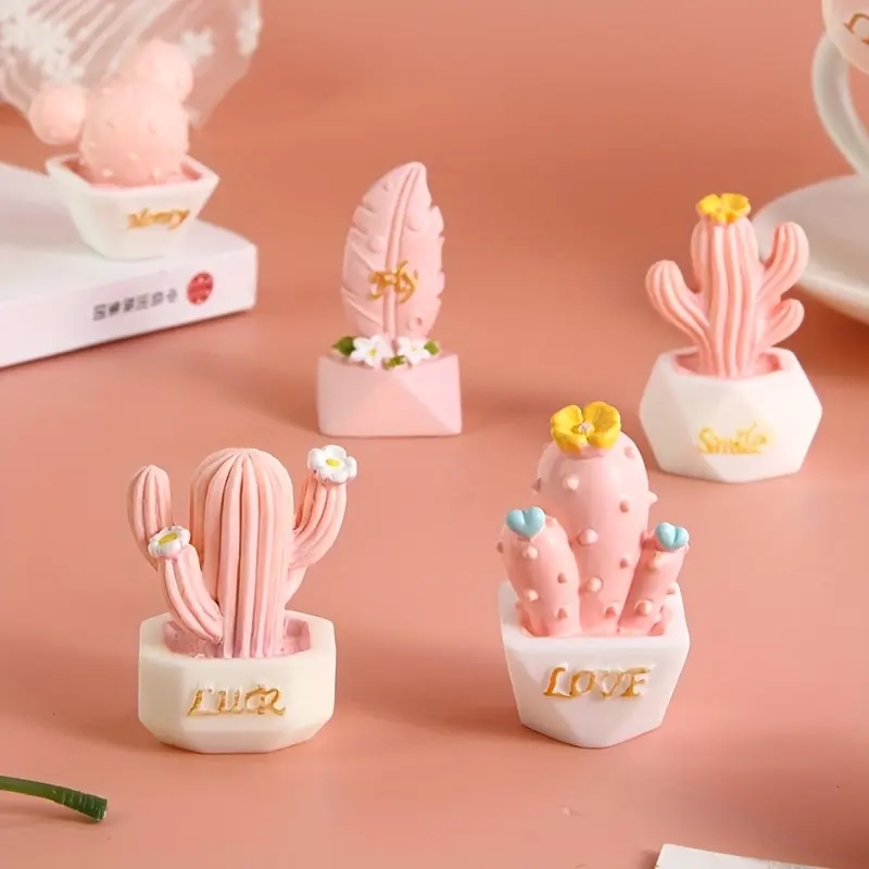 1 set of 5 mini pink cactus ornaments - Valentine's Day desktop decoration, girly cartoon theme resin decorative accessories, suitable for interior decoration of various room types, cute desk ornaments, Home Decor Accessories, Home Decor Supplies