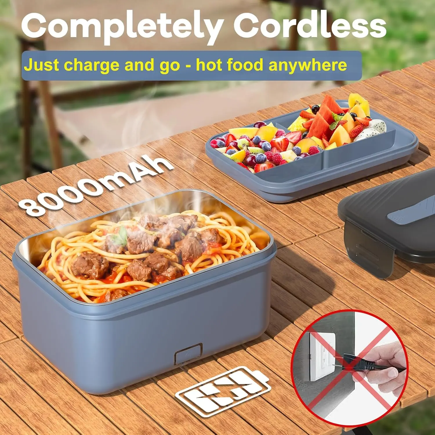 Cordless Electric Lunch Box with 1.8L Large Capacity Rechargeable Self-Heating Food Warmer for Work Travel and Outdoor Fun Christmas White Elephant Gift Idea