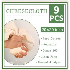 Cheese Cloth, 9 count,20x20 Inch, Precut Cheesecloth for Straining, Hemmed 4 Edges, Grade 100,  Unbleached Fine Mesh  for Cooking, Juicing, Cheese Making, Baking, Yogurt