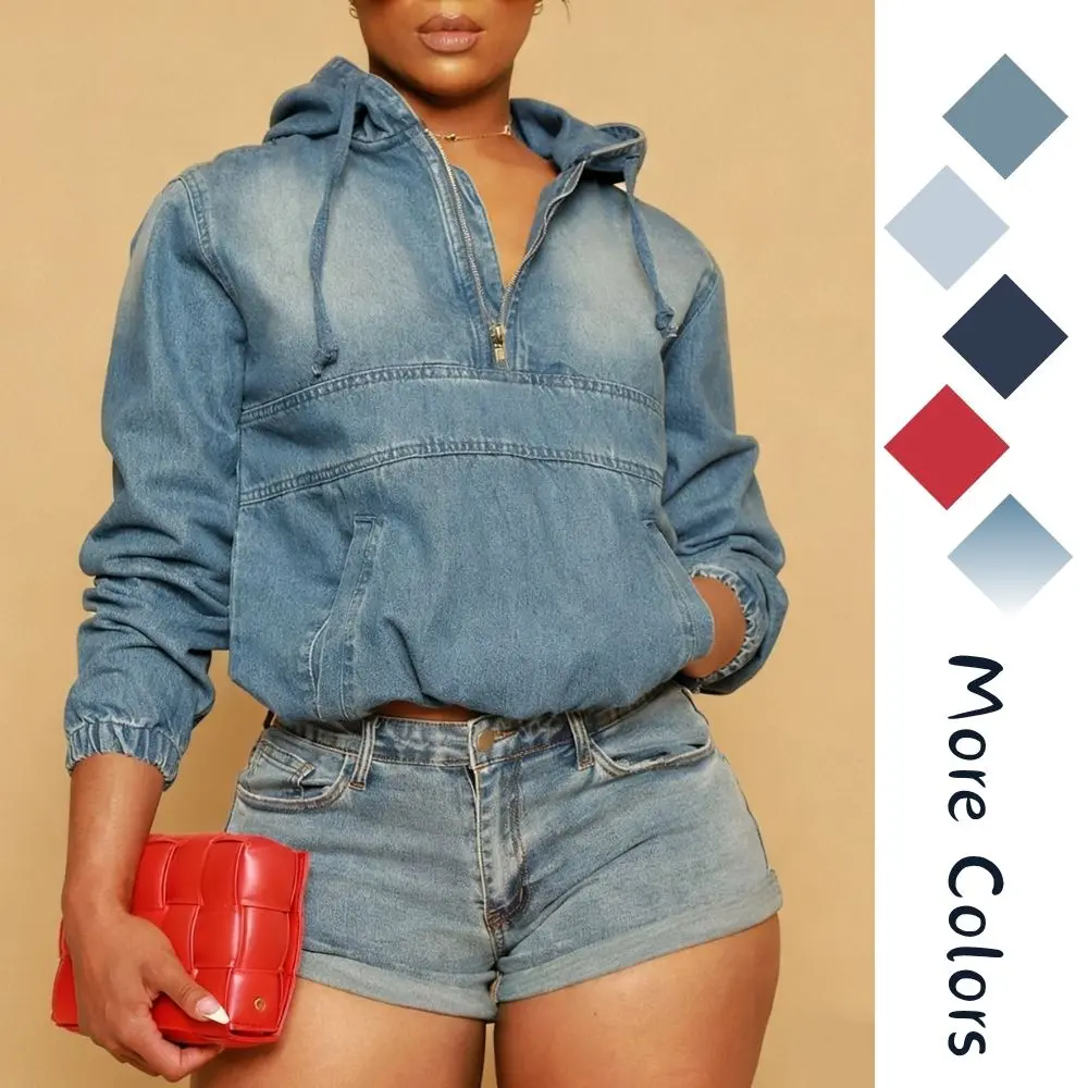 Women's Half Zip Denim Hoodie Pullover Jacket Jean Tops Women's Half Zip Denim Hoodie Pullover Jacket Jean Tops