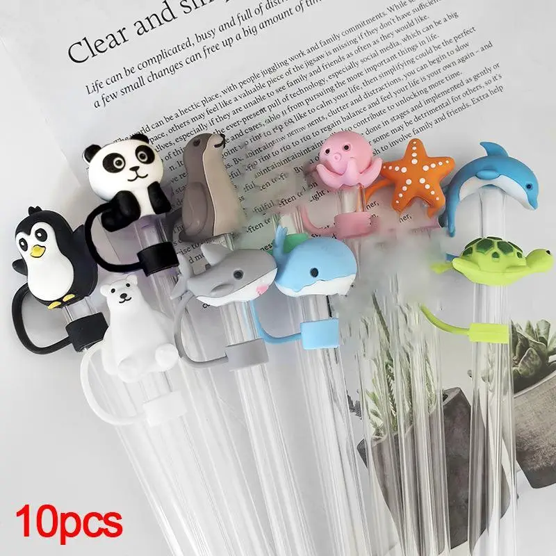 Kitchen Accessories Cartoon Animal Design Straw Cover (10pcs), Reusable Straw Topper, Decorative Straw Cap, Drinkware Accessories for Party and Daily,