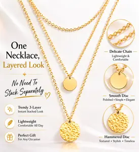Women's Gold Layered Disc Pendant Necklace - 3-Layer Chain with Smooth, Hammered Round Charms - Trendy Minimalist Costume Jewelry Gift