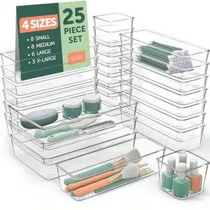 25 PCS Clear Plastic Drawer Organizers Set 4 Sizes Clear Drawer Organizers Storage Bins For Makeup Jewelry Vanity Kitchen Gadgets Or Office Desk. Bathroom Drawer Organizer Trays With NonSlip PadsNew Product Boxes Brush