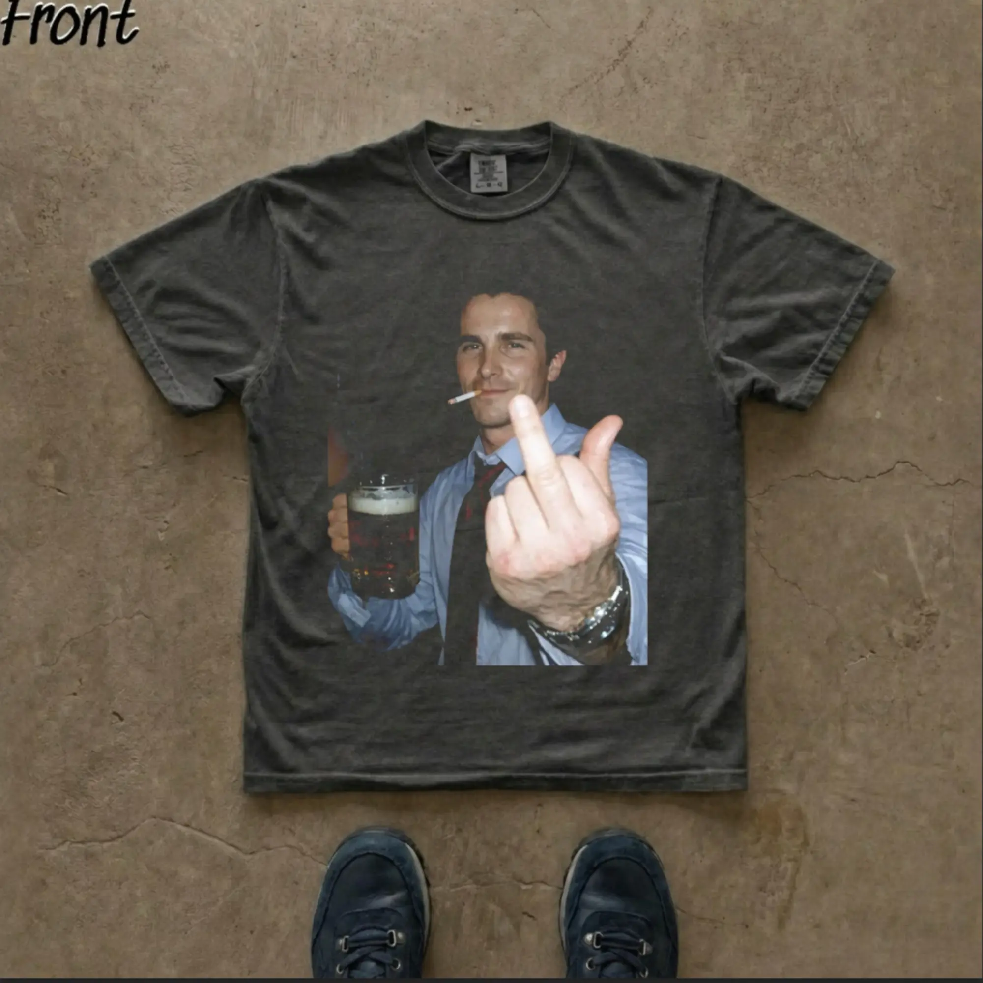 Vintage Patrick Bateman American Psycho Mug Beer Middle Finger T-Shirt - Retro Funny Drinking Movie Graphic Tee, Savage Meme Shirt, Funny Movie Graphic Tee, Fitted Shortleeve T-Shirt - Men's Black Round Neck Menswear, Gift For Men, Gift For Women