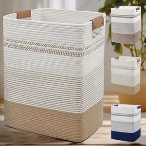 Laundry Hamper - 85L Large Laundry Basket with Leather Handles, Decorative Storage Basket for Blankets - Jute & White Organiser Multicolor