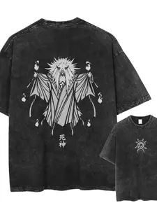 Shinigami Deep Color Anime God Pattern Washed T-Shirt, Gothic Traditional Streetwear, Fitted Long Sleeve, Casual Fashion