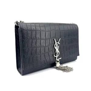 Pre-owned Yves Saint Laurent Calfskin Shoulder Bags YSL Kate Medium Classic Monogram Satchel Black with Silver Tassel in Crocodile Embossed
