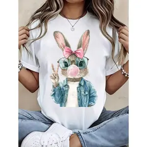 Women Easter Bunny With Pink Bow And Sunglasses Blowing Bubblegum Graphic Design Pure Cotton Women Casual Round Neck T Shirt Soft Comfortable Spring Summer Wear