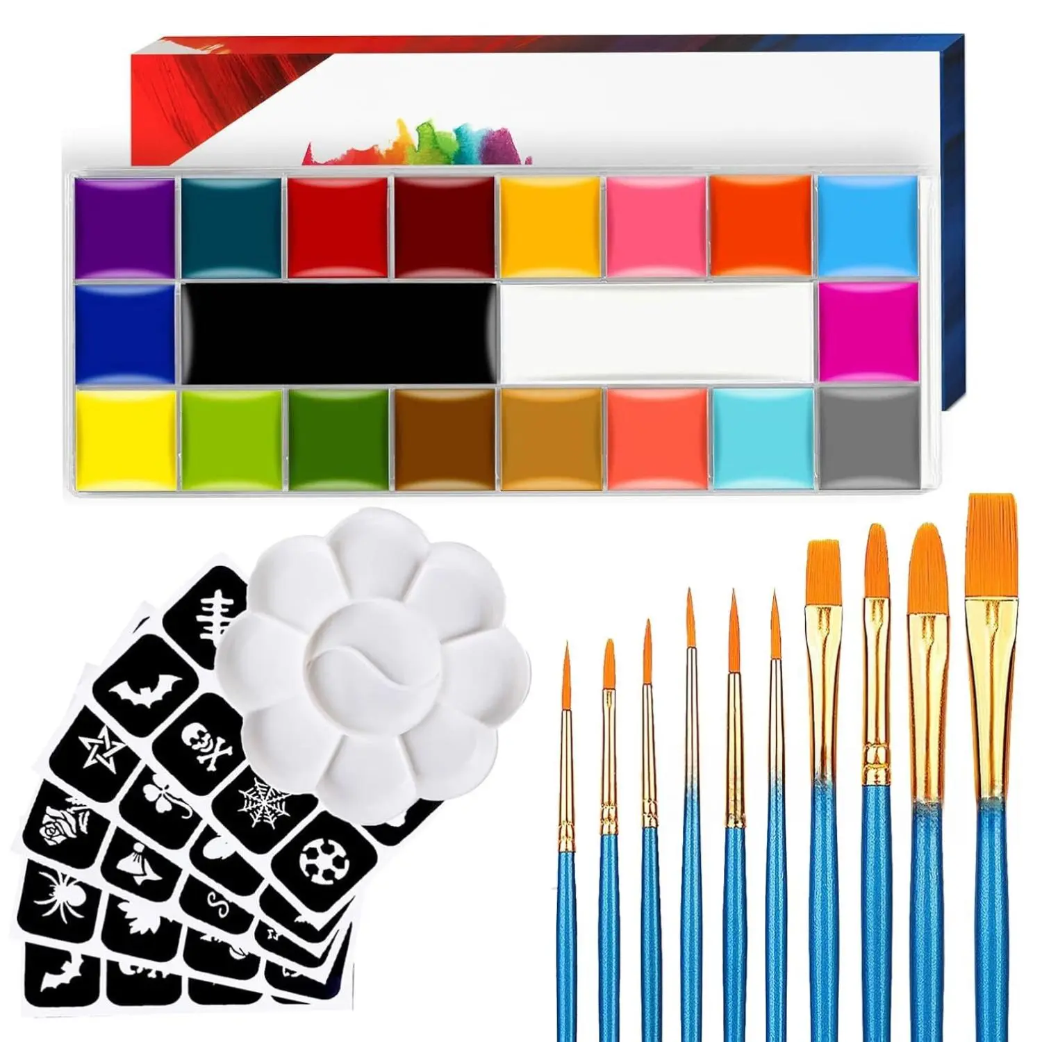 20-Color Face Paint Kit – Oil-Based Body & Face Painting Set with 10 Brushes, 5 Stencils & Tray, Safe for Kids & Adults Parties