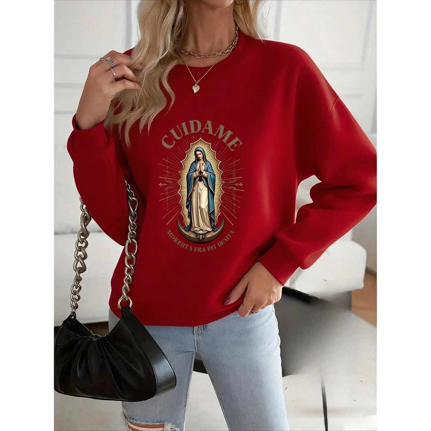 Spanish Virgin Mary & Print Sweatshirt - Spanish Text "Virgin Mary" & "Our Lady of Guadalupe" Design, Soft Round Neck Pullover Sweater for &, Unisex All-Season Wear, Religious Apparel, Christmas & Outfits