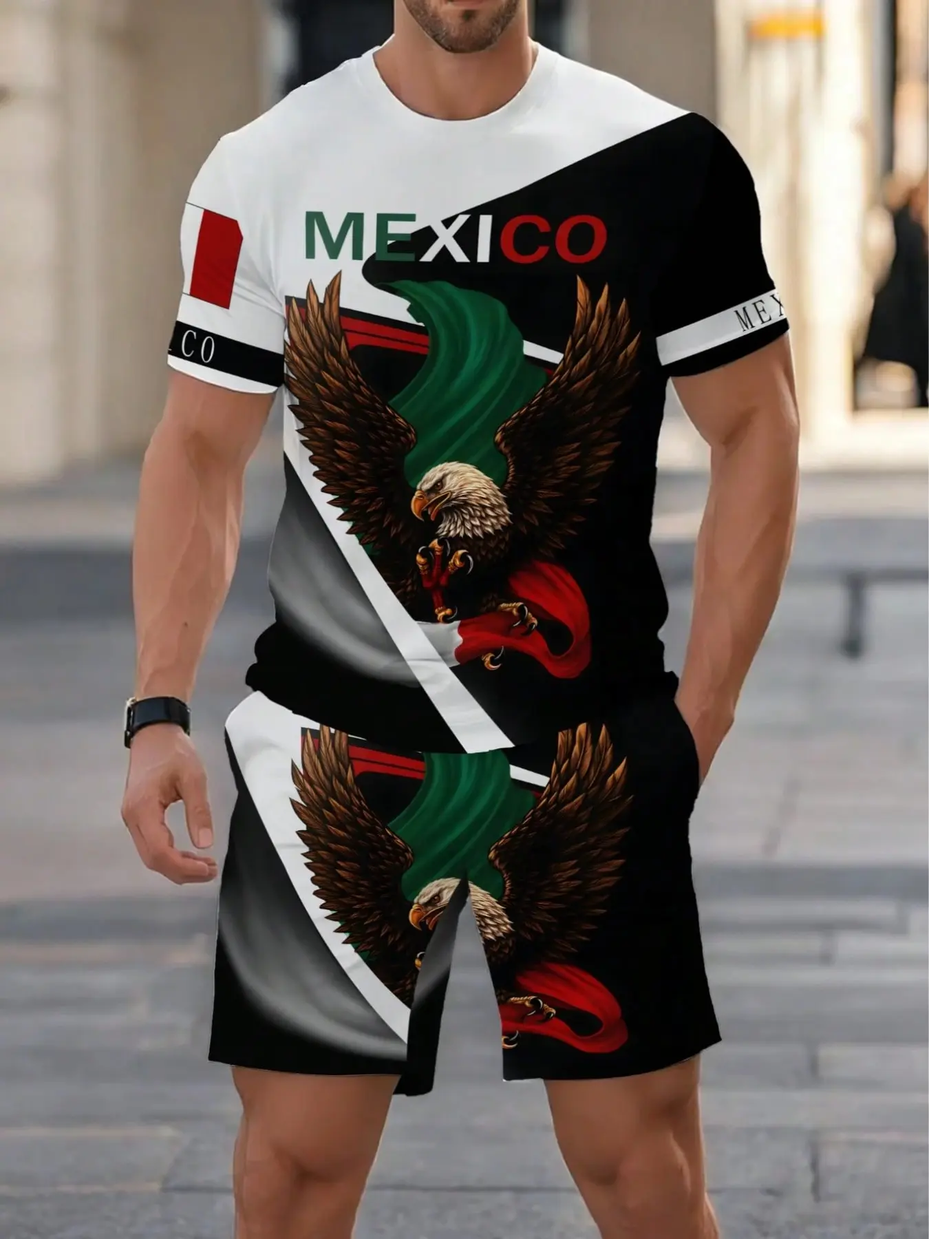 Men's Mexican Theme Two-Piece Set, Eagle Print T-Shirt + Shorts, Block Design, Casual Loose-Fit, All Seasons, Menswear