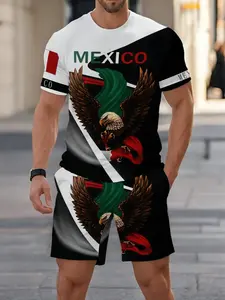Men's Mexican Theme Two-Piece Set, Eagle Print T-Shirt + Shorts, Block Design, Casual Loose-Fit, All Seasons