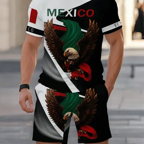 Men's Mexican Theme Two-Piece Set, Shorts Sets Outfits, Eagle Print T-Shirt + Shorts, Block Design, Casual Loose-Fit, All Seasons, Menswear