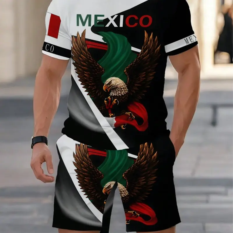 Men's Mexican Theme Two-Piece Set, Shorts Sets Outfits, Eagle Print T-Shirt + Shorts, Block Design, Casual Loose-Fit, All Seasons, Menswear