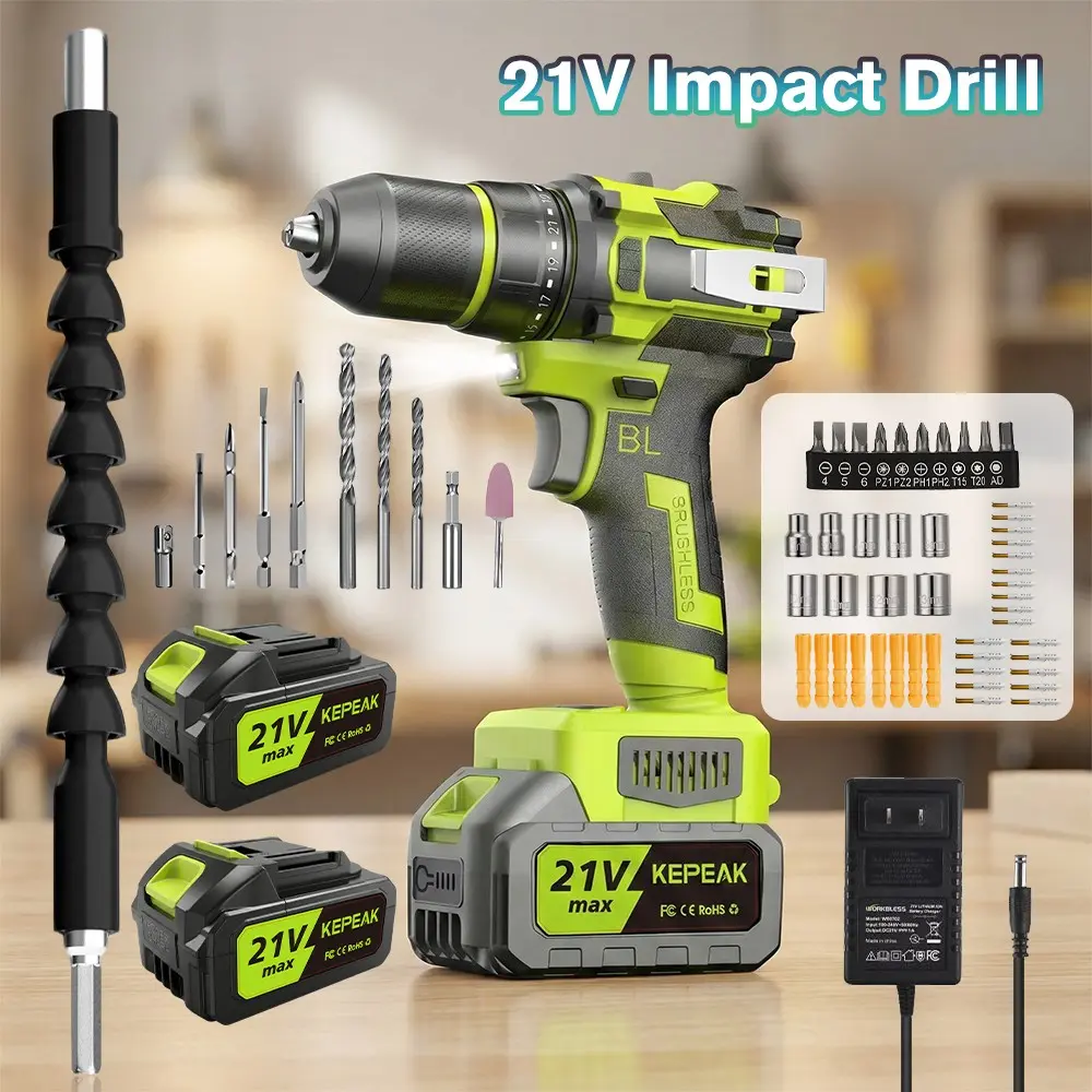 Cordless Impact Drill-1/2" Power Drill/Driver Set, 2 Variable Speeds, Bits w/case, 2 * Battery & Fast Charger Included, Power Tools