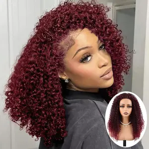 99J Burgundy Kinky Curly Half Wig 3 in 1 Seamless Flip Over Glueless Invisible Hairline Drawstring Adjustable Synthetic Wig