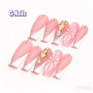 G Nails A56 Soft Pink Gold Glittering French Tips LongSquare with 3D Floral Butterfly 10 PCS Handmade Press On Nails ReusableNails Handpaintednails