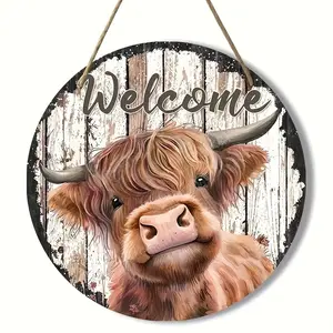 Round Farmhouse Style Wooden Welcome Sign, Rustic Farmhouse Design, Classic Printed Cow Design, Home Wall Decor, Diameter 7.87 Inches, Horizontal Placement, No Power Needed