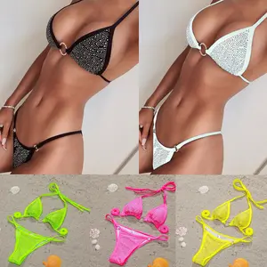 Sexy Rhinestone Bikini for Women, 2 Piece Sparkly Bathing Suit with Removable Pads, Trendy Crystal Halter Swimsuit for Summer Beachwear sets high cut