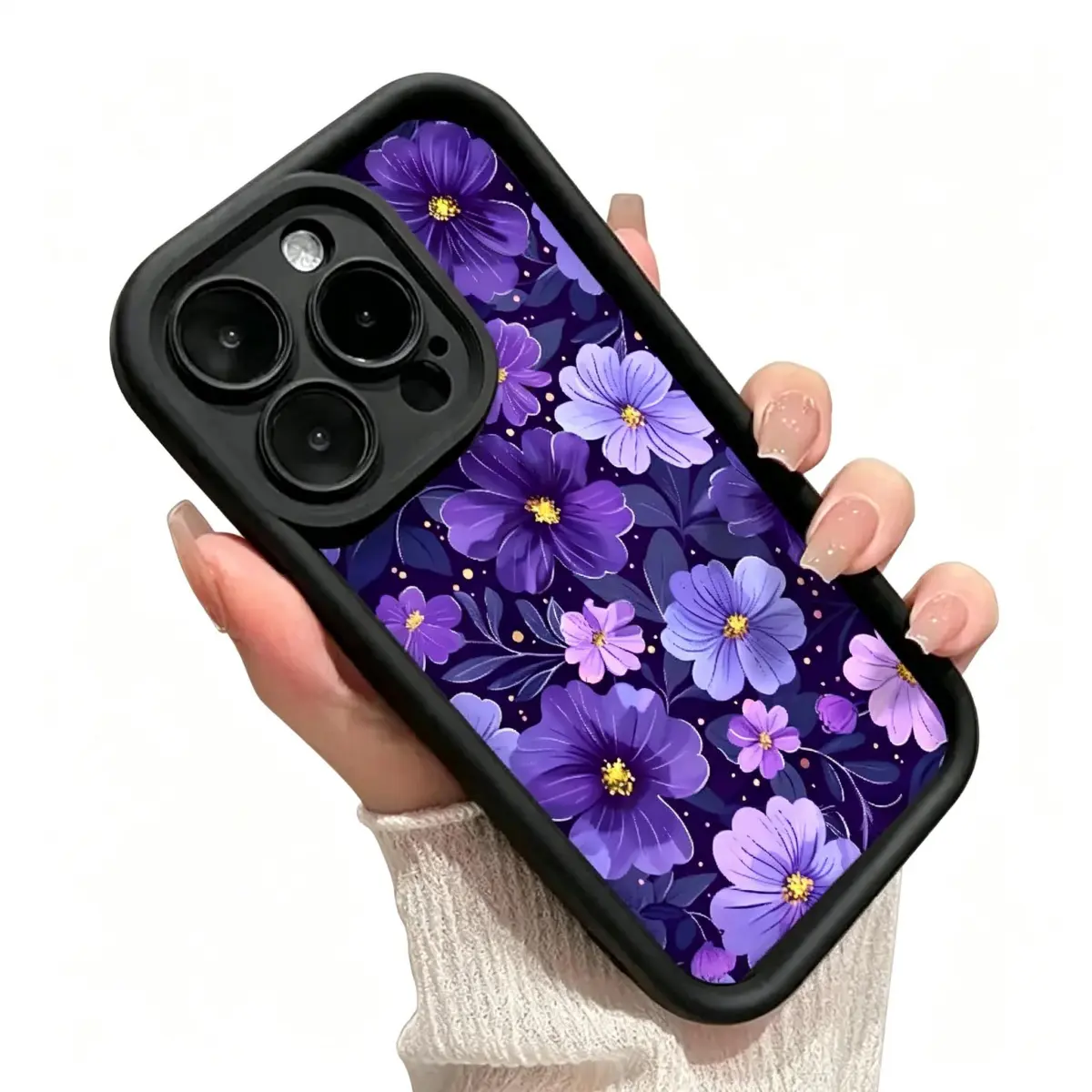 Purple Flowers Pattern Silicone Smartphone Casing - Shockproof, Slim, Durable Handheld Cellphone Devices Protector with Full Camera Protection, Compatible with iPhone 17/16/15/14 Pro Max, 13/12/11/X/XS Plus, Mobile Phone Accessory
