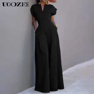 UOOZEE Women's Basic Cap Sleeve Wide Leg Jumpsuit - Fitted Polyester Work Outfits Womenswear Overall with V-Neckline - Chic & Elegant Style (the size is one size smaller,it is recommended to order a size larger) Shortsleeves teacher/interview outfits