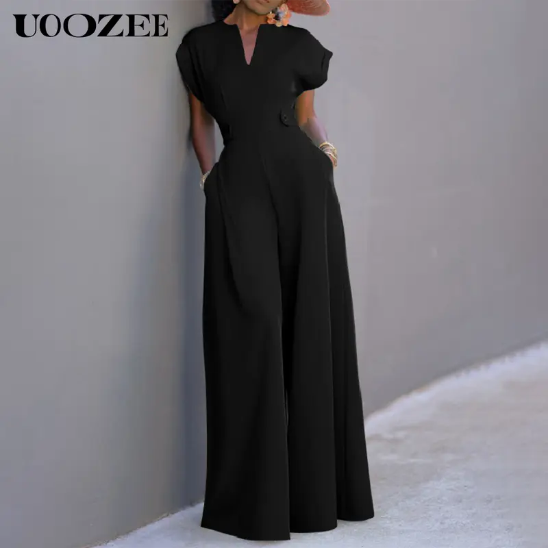 UOOZEE Women's Minimalist Chic Green V-Neck Cap Sleeve Wide Leg Machine Washable Polyester Jumpsuit - Fitted All-Seasons Work Pants for Office Interviews