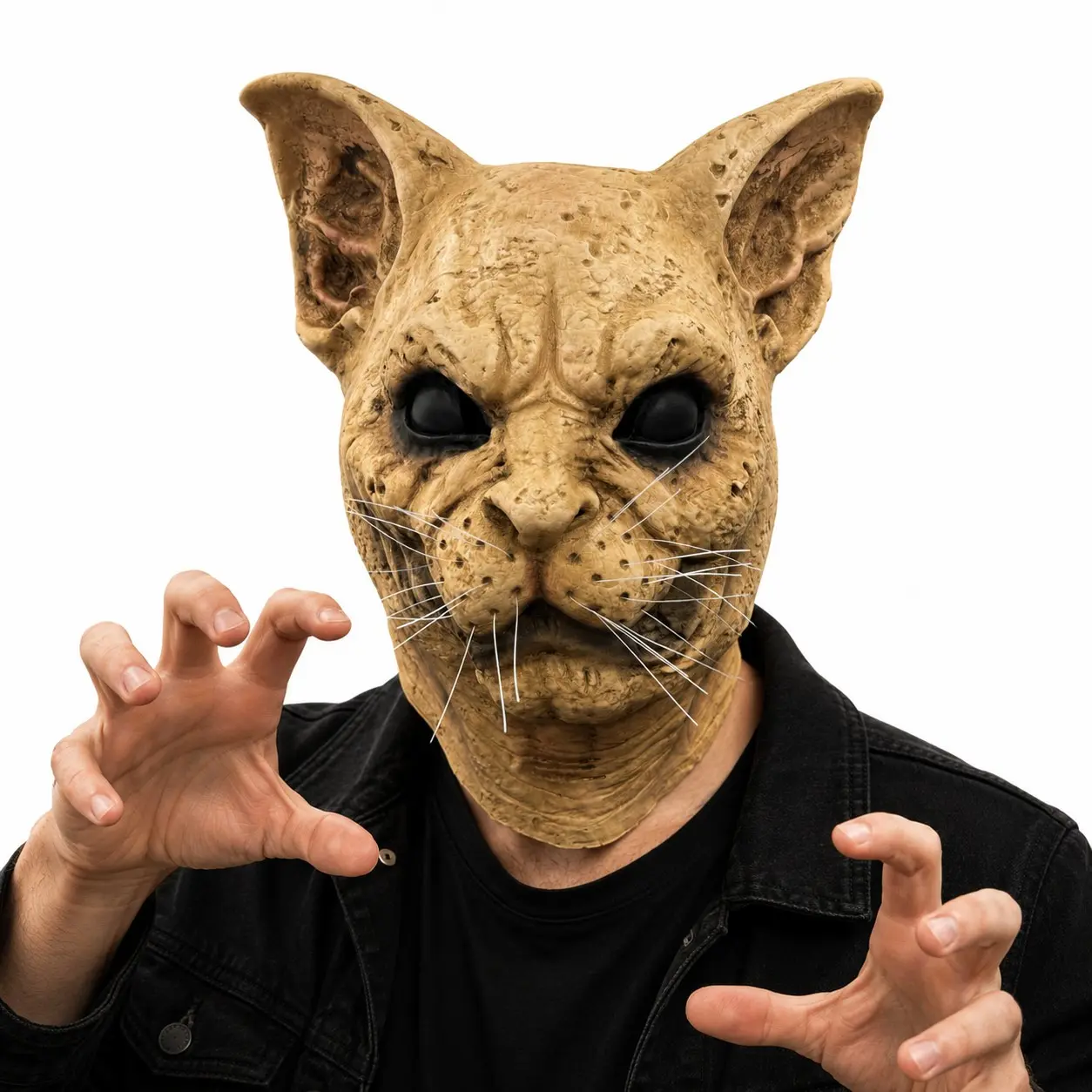 Realistic Creepy Sphynx Cat Latex Full Head Mask, Scary Hairless Cat Animal Mask with Whiskers, Eye, Halloween Cosplay Horror Party Costume, Detailed Texturing