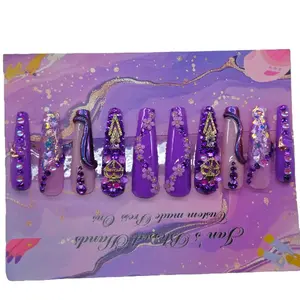 Purple Valentines Day 3D Chrome and Bling Press-On Nails Set Glamour Stylish XXL Length Variety Shapes Colors Easy Application Removal Convenience 250G