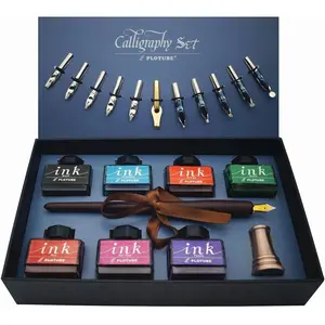 Calligraphy Pen Set – Includes wooden dip pen, antique brass holder, 11 nibs, 7 ink bottles in various colors, and a beginner’s manual