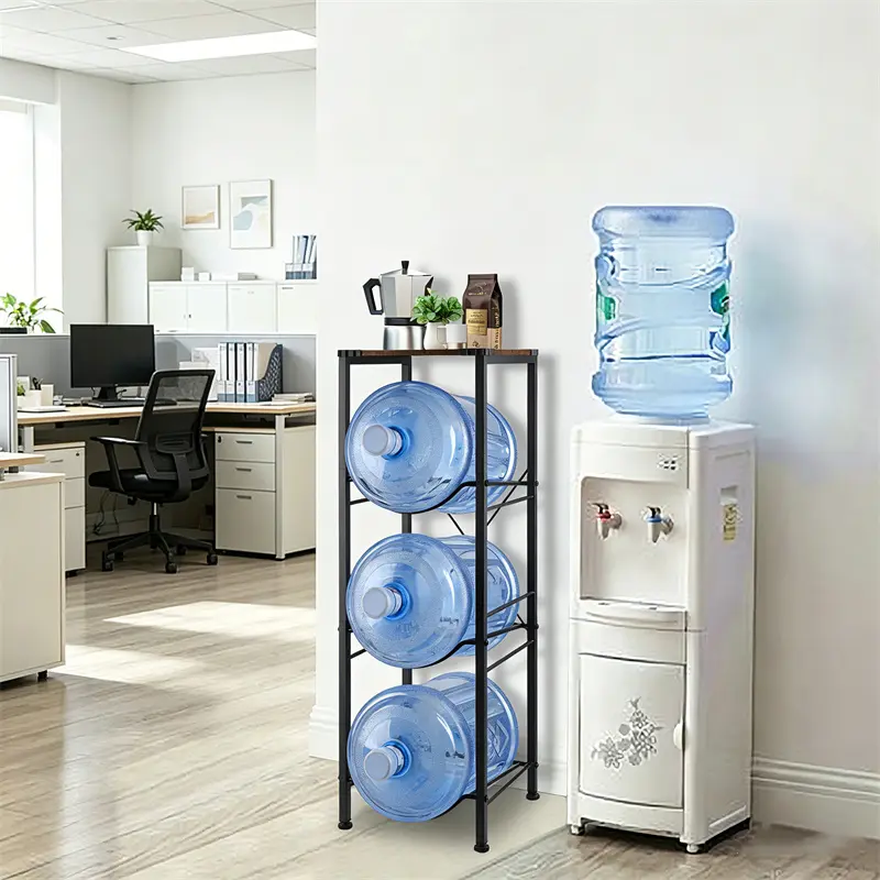 3-Layer Sturdy Wooden Top Black Iron Vertical Water Bottle Rack - Space Saver Metal Frame Storage Stand for 5-Gal Water Bottles & Dispenser - Heavy-Duty Home Organizer for Kitchen, Home Offices
