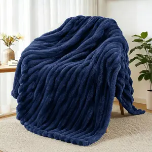 Fleece Throw Blanket for Couch, Super Soft Striped Jacquard Bed Blanket, Lightweight Fuzzy Cozy for All Seasons, 50x60 Inches, Navy Blue