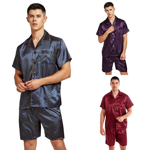 Tony & Candice Men's 2-Piece Cozy Loose Short-Sleeve Button-Down Pajama Set - Silky Polyester Fabric, Adjustable Elastic Waist Satin Shorts, Loungewear, Hand Washable, Father's Day Gift