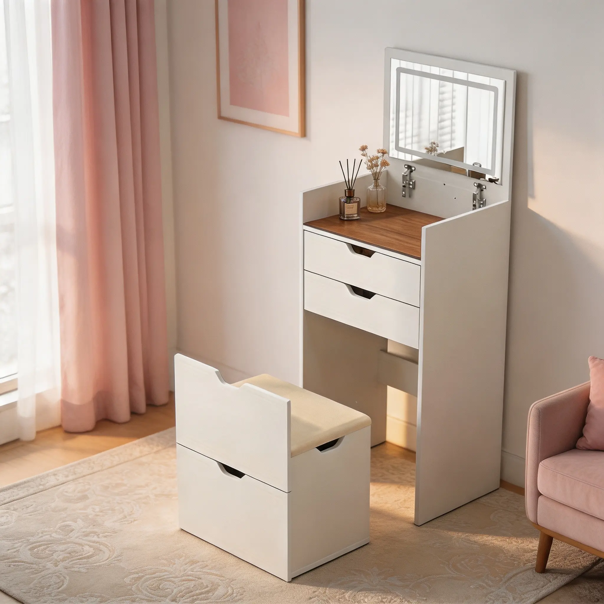 3-in-1 Dressing Table with Flip-Up Mirror & 3-Color Lights, Makeup Vanity Desk with 2 Drawers & Stool for Bedroom