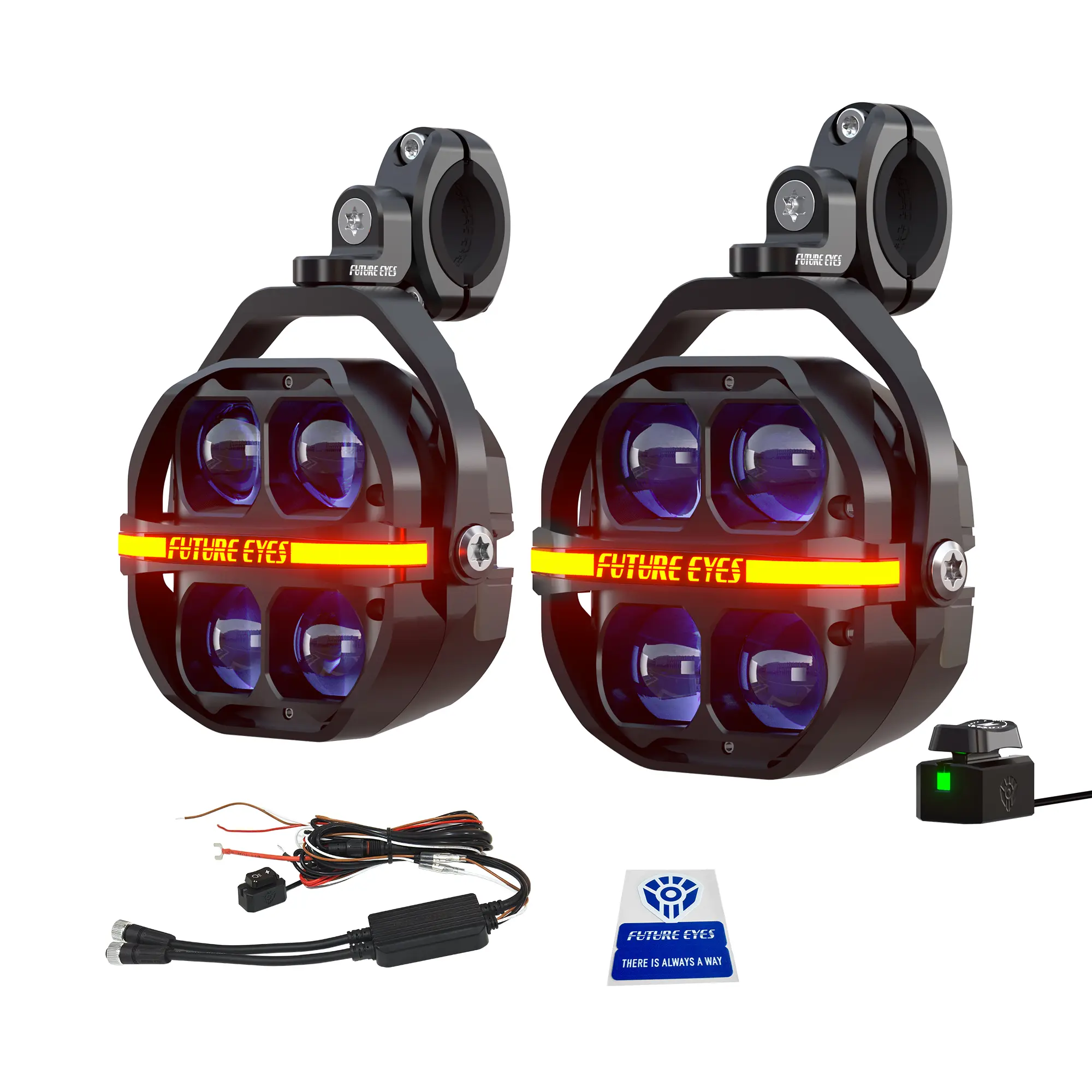 Future Eyes 180W LED Motorcycle Driving Lights - Amber & White Beams, Waterproof Auxiliary Spotlights with DRL, Strobe, Signal, for Night Riding Off-Road UTV ATV Led Headlamp