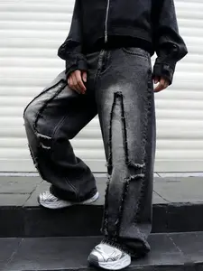 Four-season men's black and gray vintage washed and distressed cross patch embroidery non-stretch loose straight-leg wide-leg denim jeans, Y2K style American street casual and versatile, suitable as a gift for boyfriends and husbands