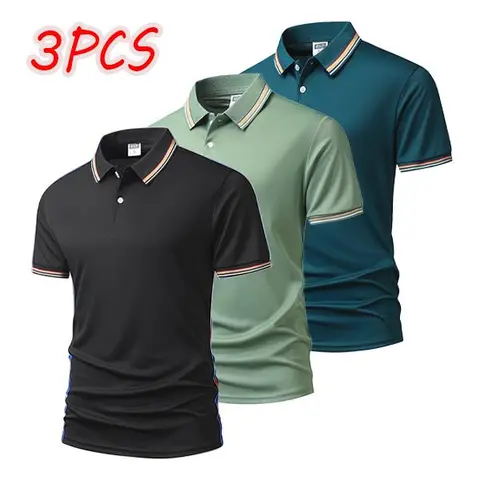 3-pack men's polo shirts with striped collar and cuffs, available in multiple color combinations, perfect for business and casual wear