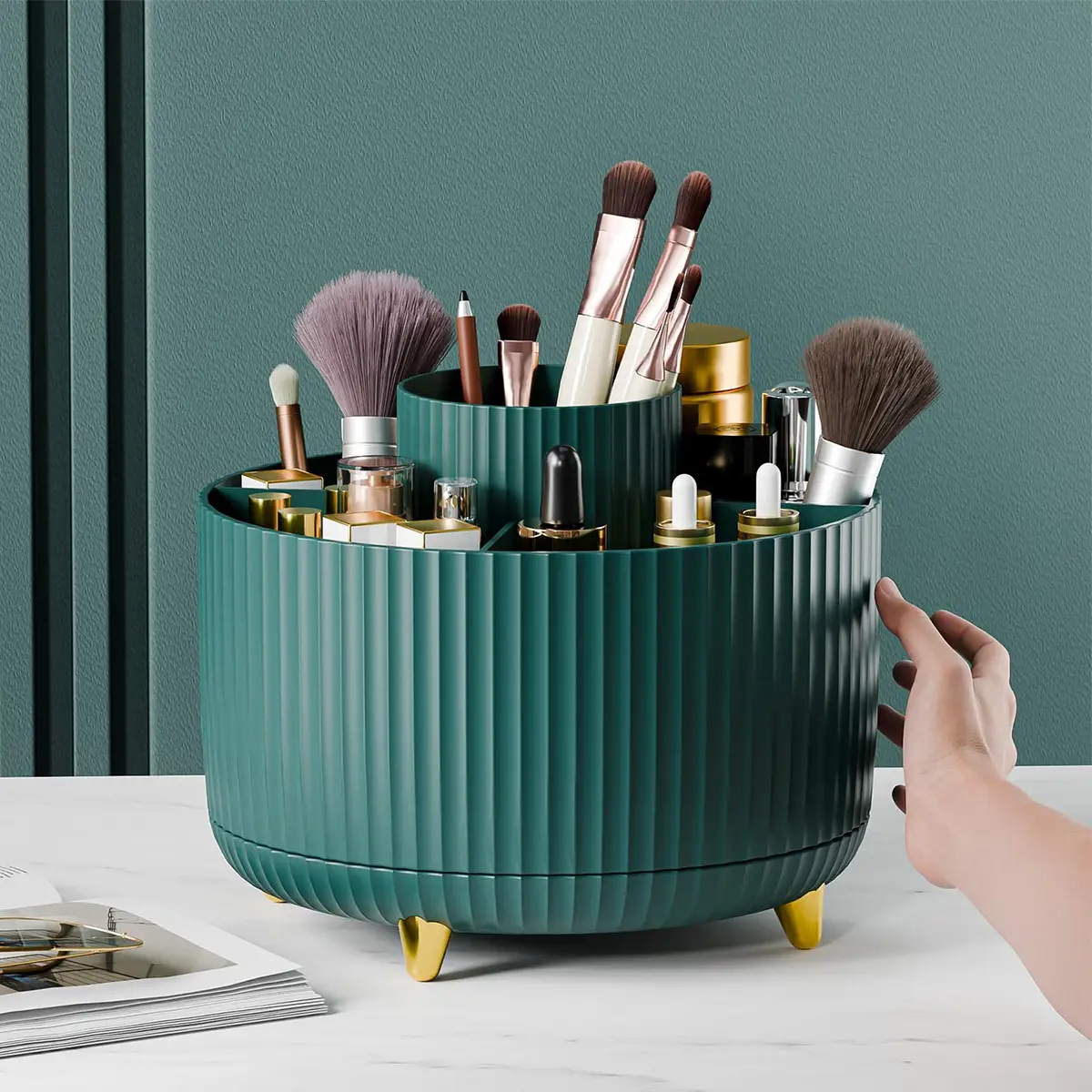 360 ° rotate makeup brush holder organizer, durable multifunctional cosmetic and skincare storage box for vanity, desktop, bedroom, bathroom (green)