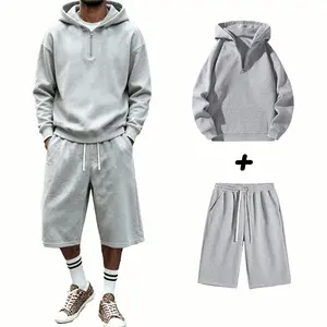 Men’s half-zip hooded sweatshirt + 7/8 pants two-piece athletic set, drawstring elastic waist loose casual outfit, soft and breathable street style, suitable for everyday wear, workouts, and outdoor activities