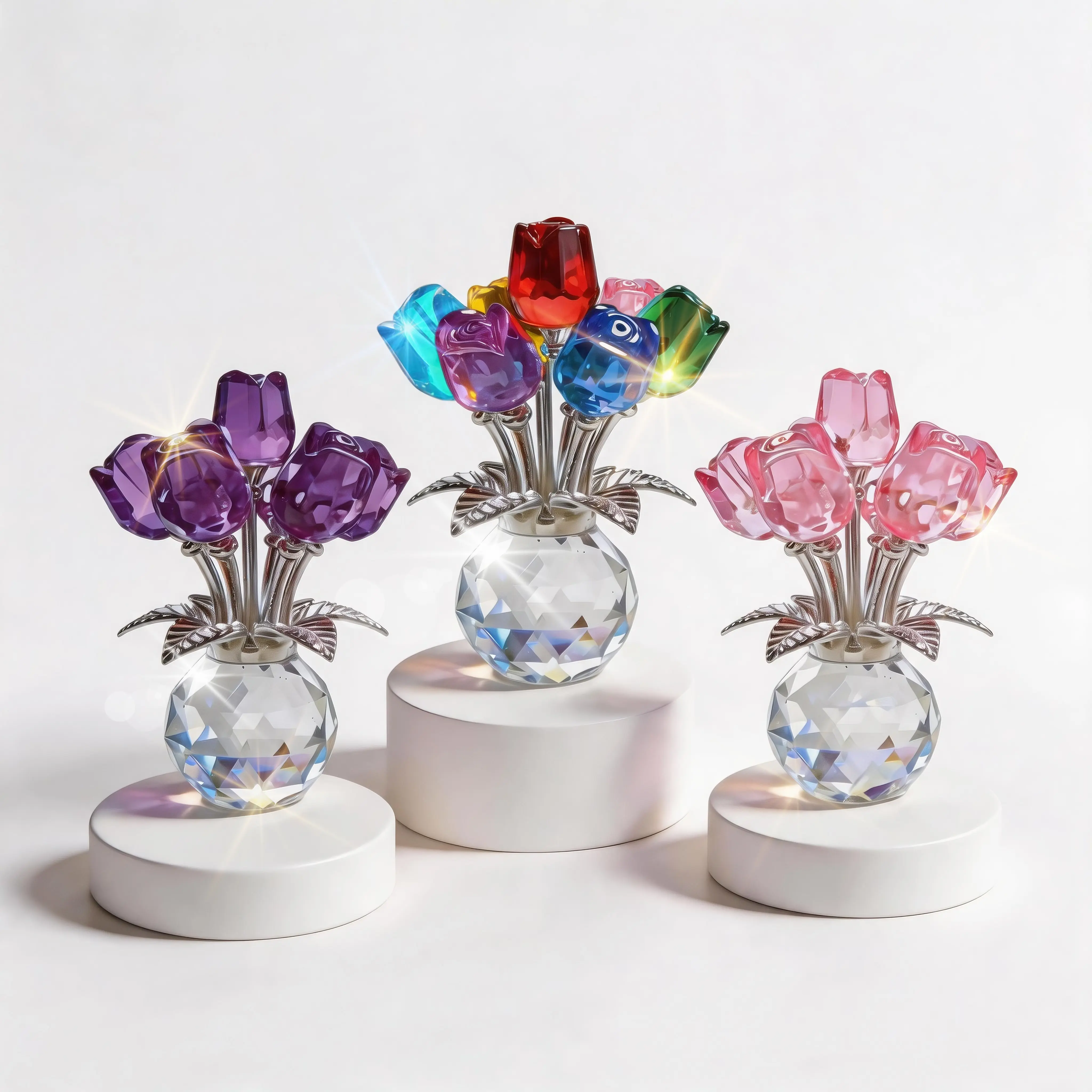 Crystal Rose Bouquet Figurine, Polished Glass Floral Sculpture, Tabletop Ornament, Home Decor for Desk & Bookshelf, Gift for Her, Anniversary & Wedding Present
