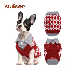 Kuoser Plaid Dog Sweater Warm Clothes, Patchwork Design Pet Dog Knitwear Classic Pullover Puppy Coat Cold Weather Sweatshirts with Leash Hole for Small Medium Cats Dogs