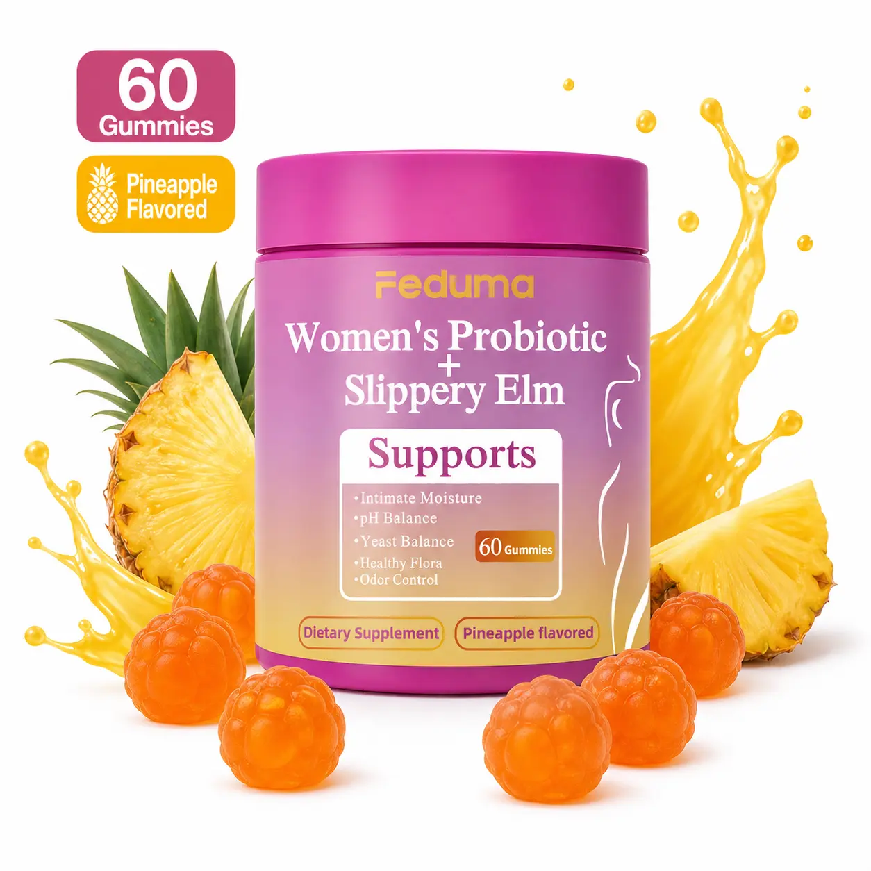Feduma Feminine Probiotic Gummies | pH Balance, Odor Control & Healthy Flora Support | Pineapple Flavor, 60 Count