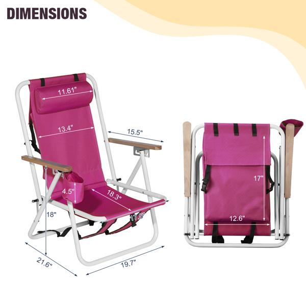 Folding Beach Chair Set of 2 for Adults, 4 Position Portable Backpack Foldable Camping Chair with Headrest Cup Holder and Wooden Armrests, Pink Folding Beach Chair Set of 2 for Adults, 4 Position Portable Backpack Foldable Camping Chair with Headrest Cup Holder and Wooden Armrests, Pink