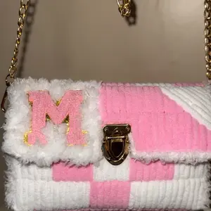Purse with Initial Lip Gloss and Mirror - Pink and White Design with Gold Accents
