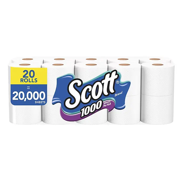 Scott Toilet Paper, 1-ply, White, 1000 Sheets/Roll, 20 Rolls/Case