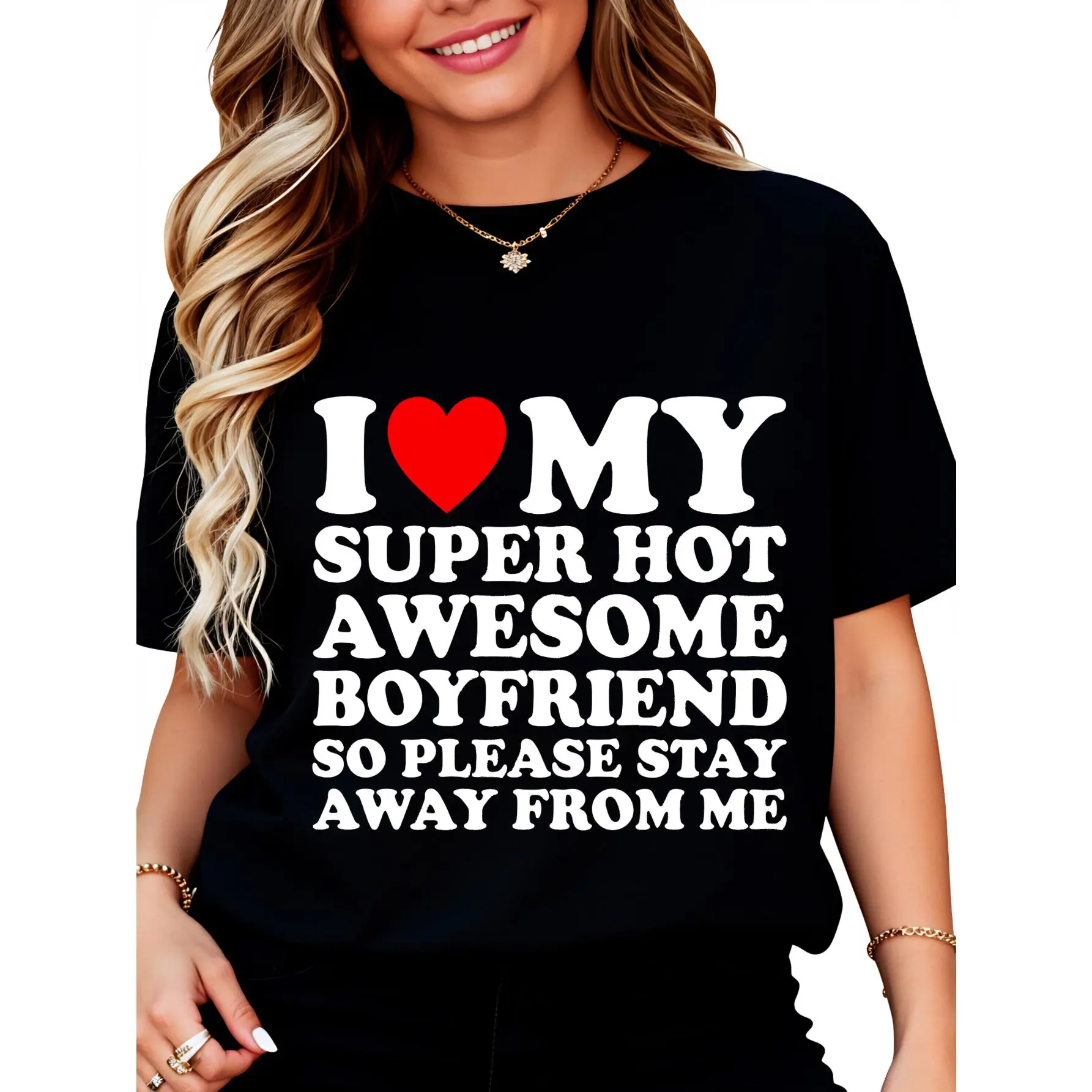 Casual Graphic T-Shirt with Funny 'I Love My Boyfriend' Print for Men Women, Soft 100% Cotton Regular Fit Tee