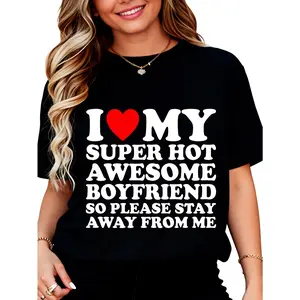 Casual Graphic T-Shirt with Funny 'I Love My Boyfriend' Print for Men Women, Soft 100% Cotton Regular Fit Tee